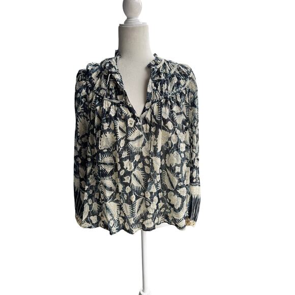 ULLA JOHNSON Yulia Silk Metallic Lurex Indigo Boho Blouse Size 4 - Picture 2 of 8